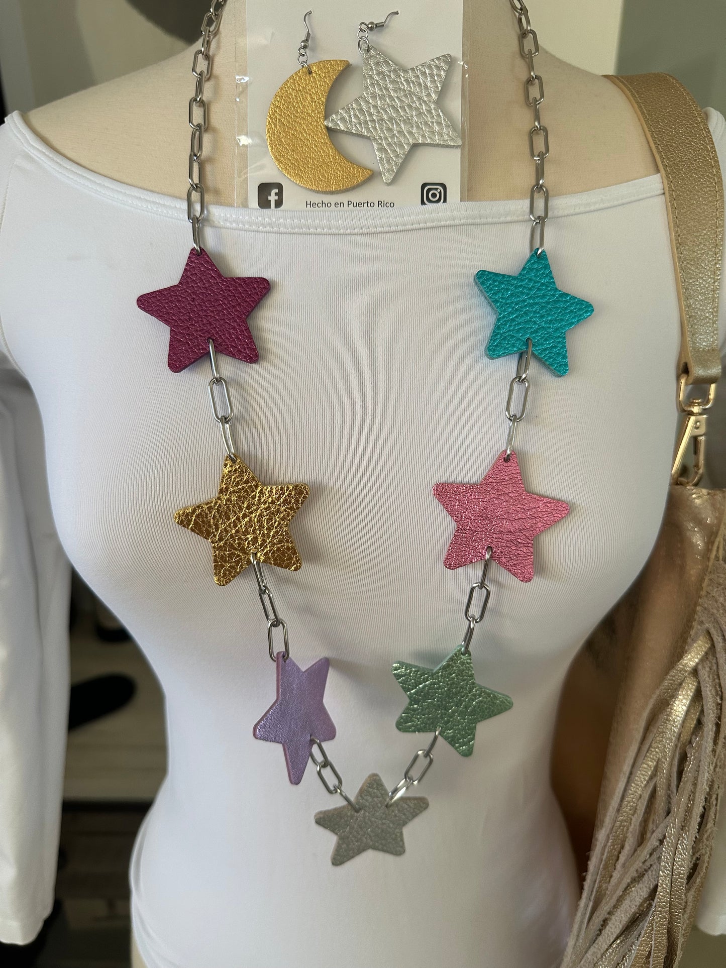 Long Leather Multi Star Necklace