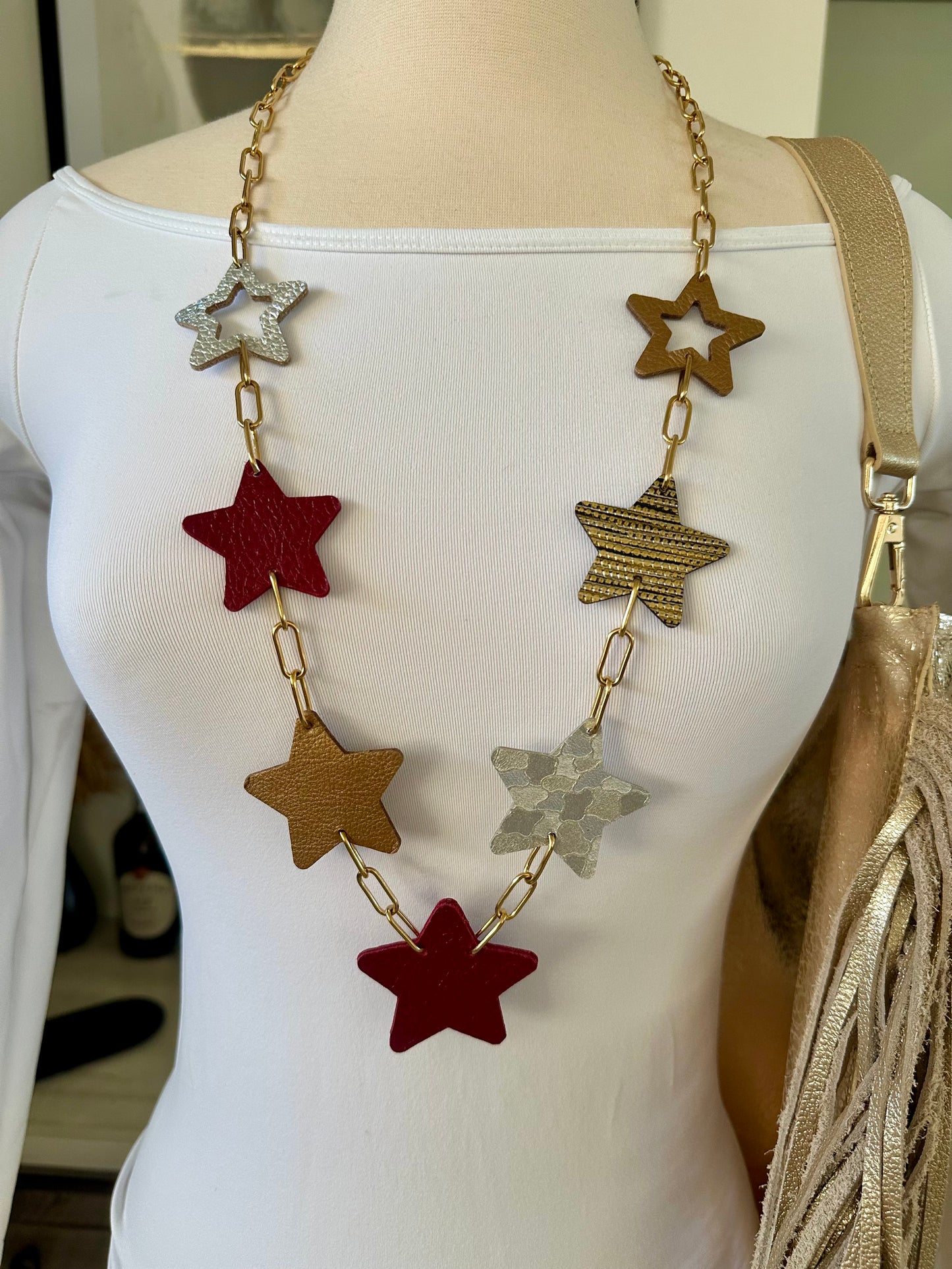 Long Leather Multi Star Necklace