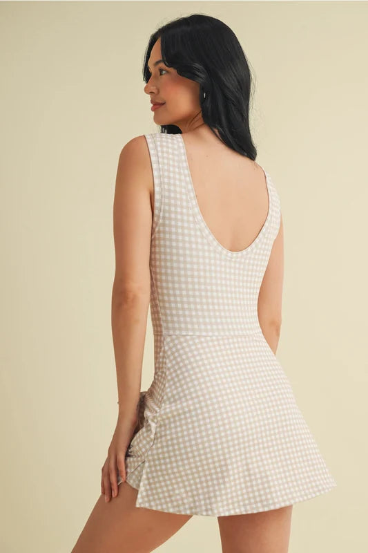 Wrap Tie Romper- Gingham Beige