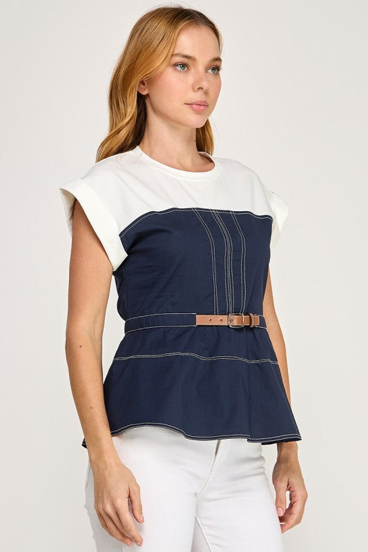 Belted Top- Navy