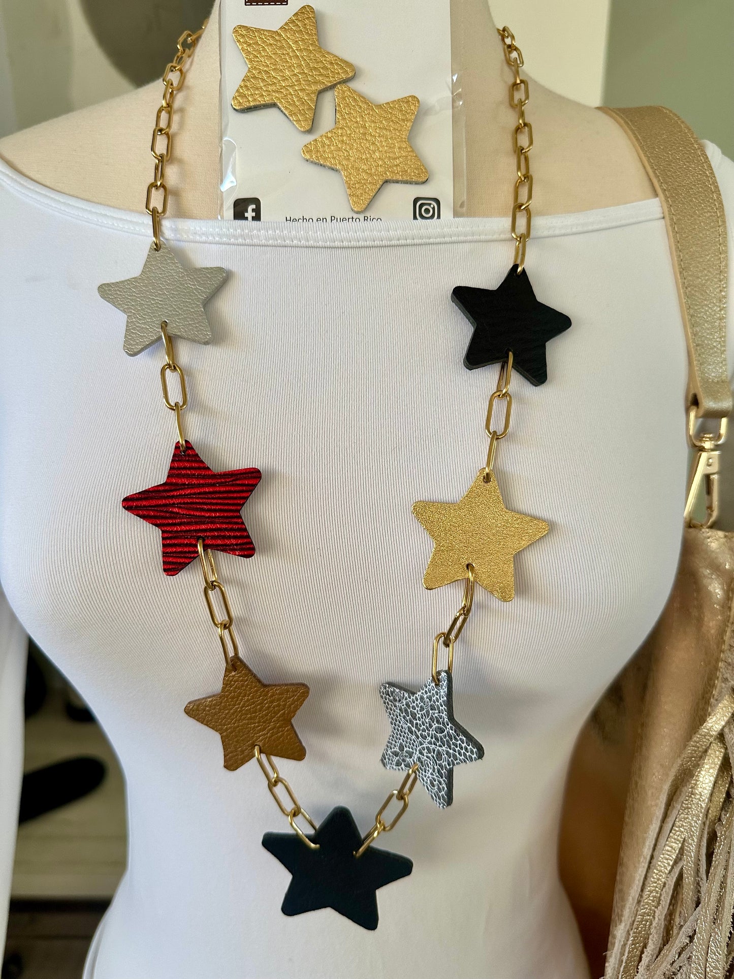 Long Leather Multi Star Necklace