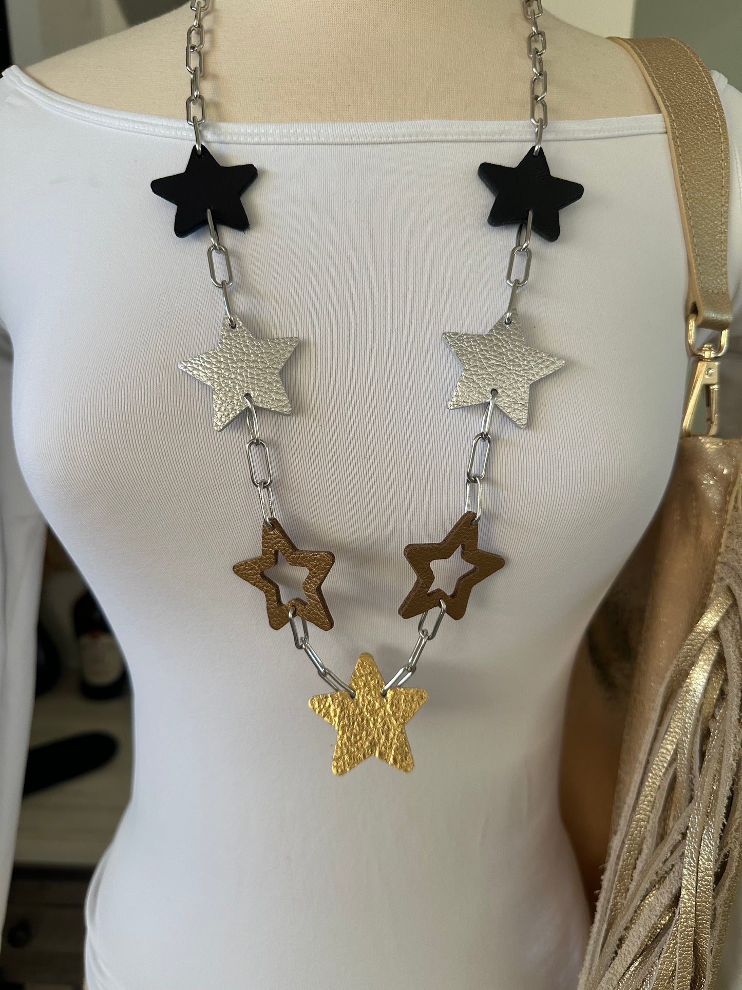 Long Leather Multi Star Necklace