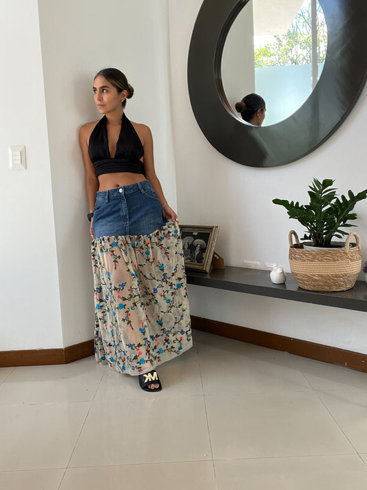 La Eche Denim Skirt- Blonda Flowers