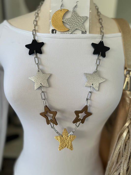 Long Leather Multi Star Necklace