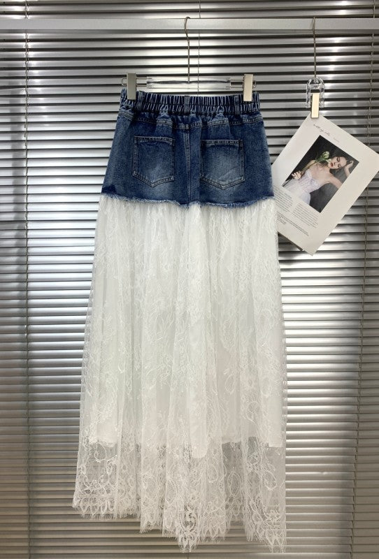 White Laced Denim Skirt