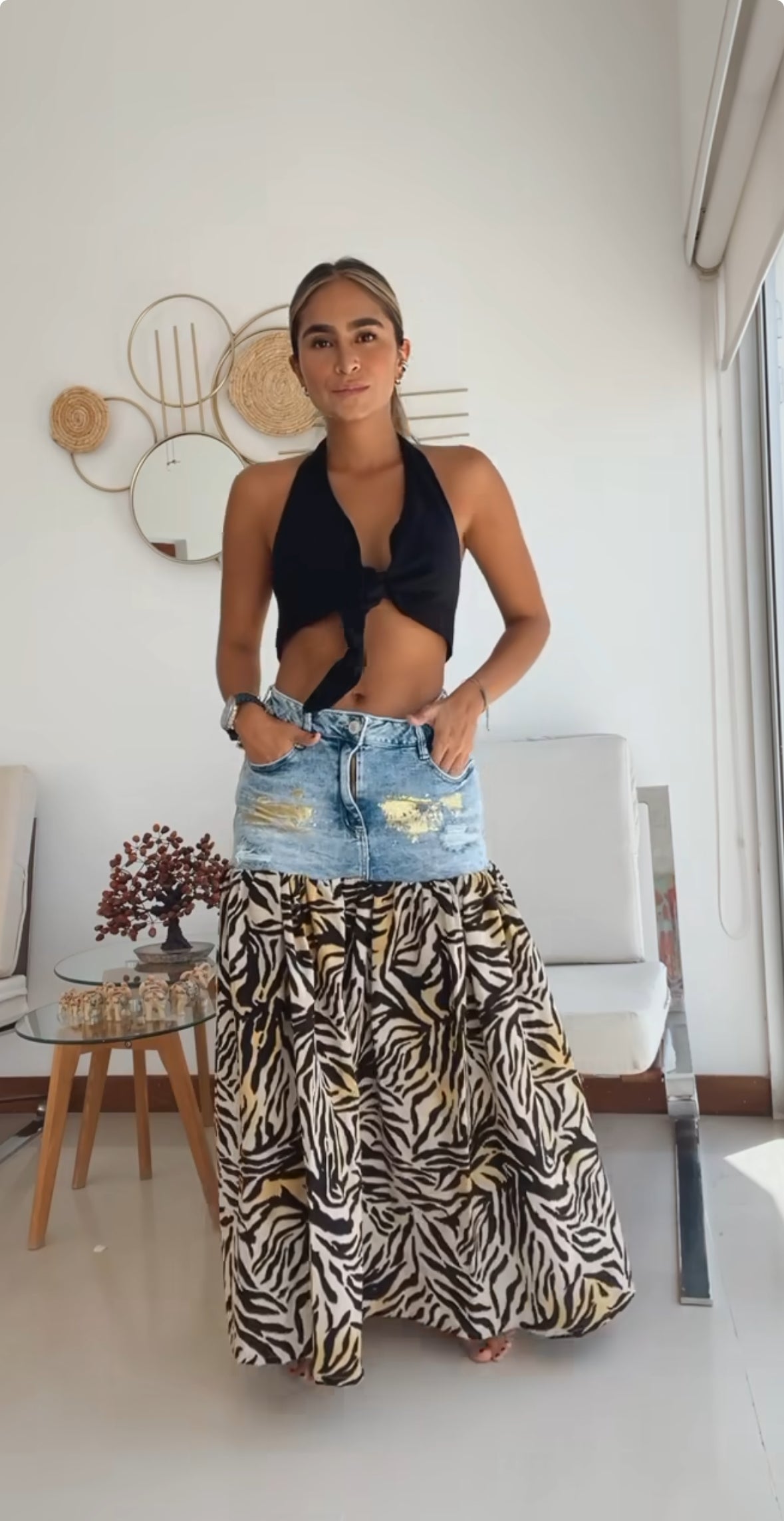 La Eche Denim + Linen Skirt- Animal Print