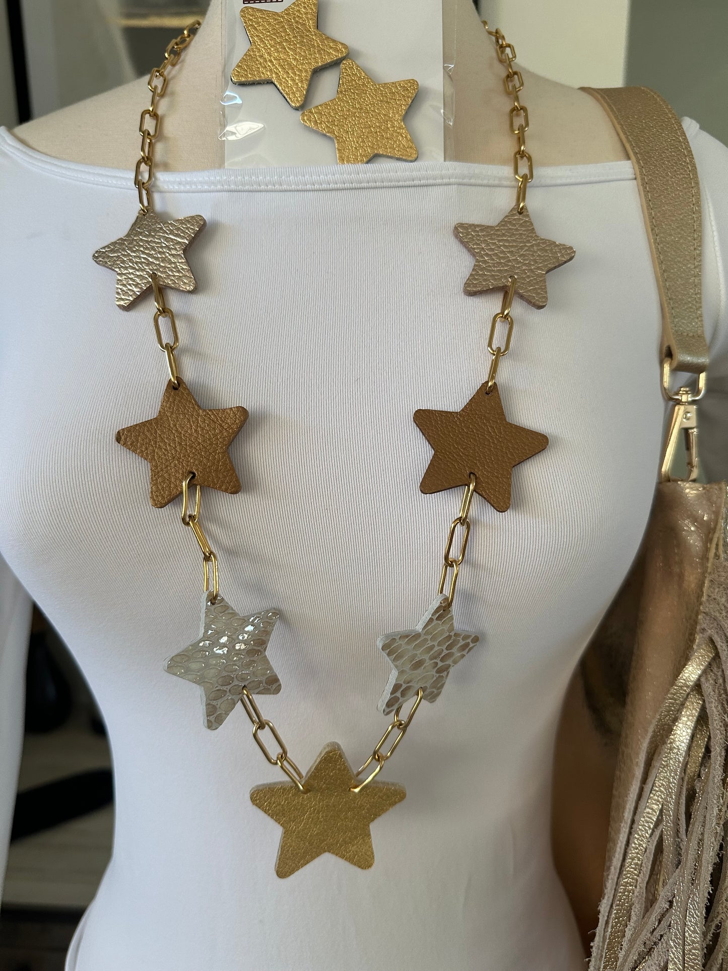 Long Leather Multi Star Necklace
