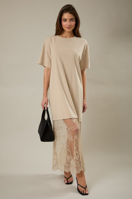 T-Shirt Lace Maxi Dress- Taupe