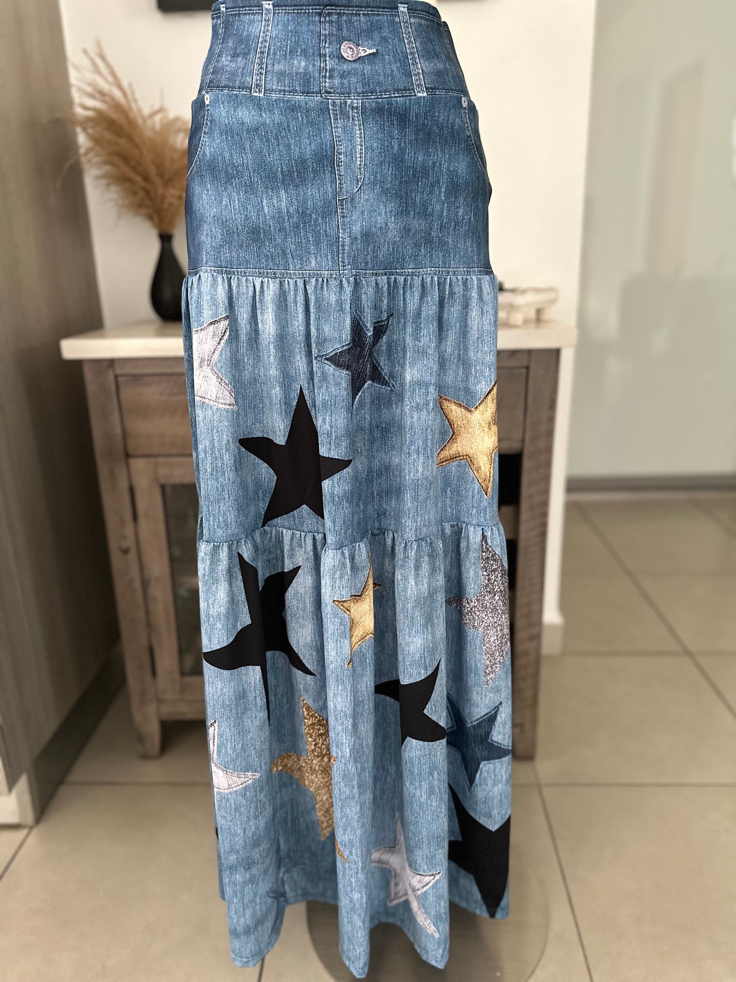 Golden Stars Maxi Denim Skirt