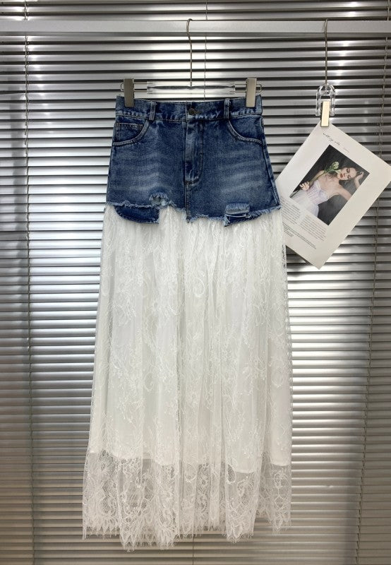 White Laced Denim Skirt