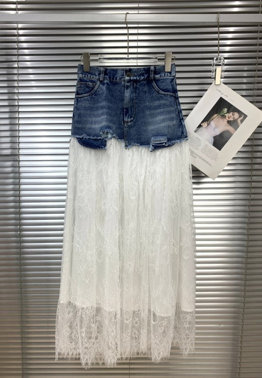 White Laced Denim Skirt