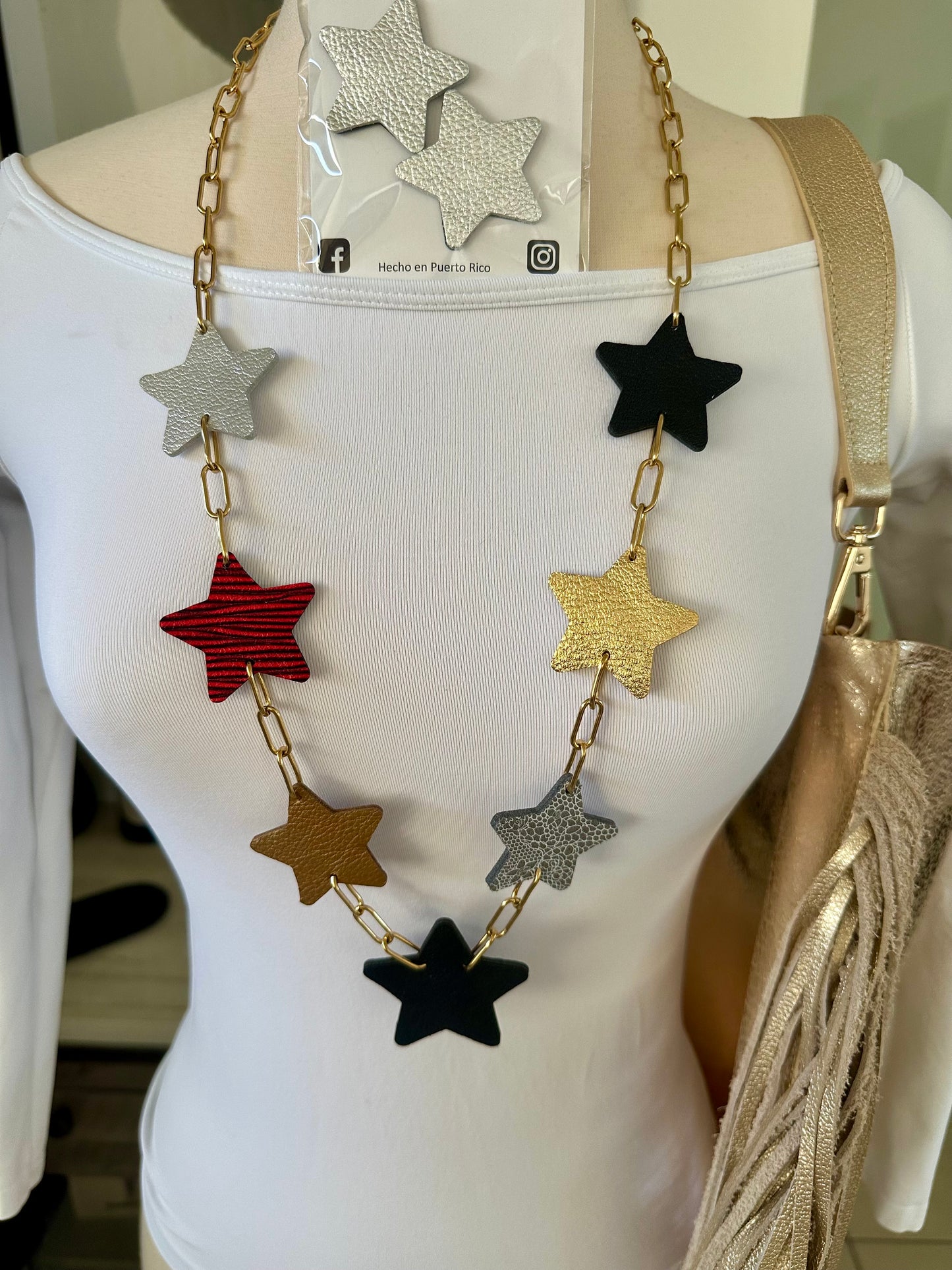 Long Leather Multi Star Necklace