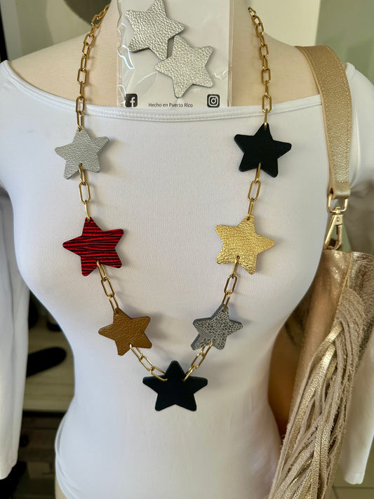 Long Leather Multi Star Necklace