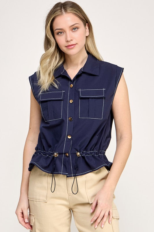 Navy Button Down Top