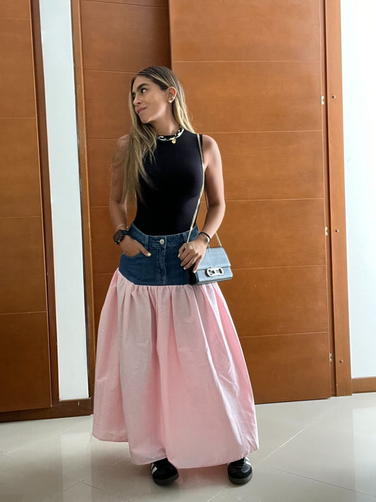 La Eche Denim Skirt- Pink