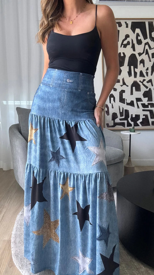 Golden Stars Maxi Denim Skirt