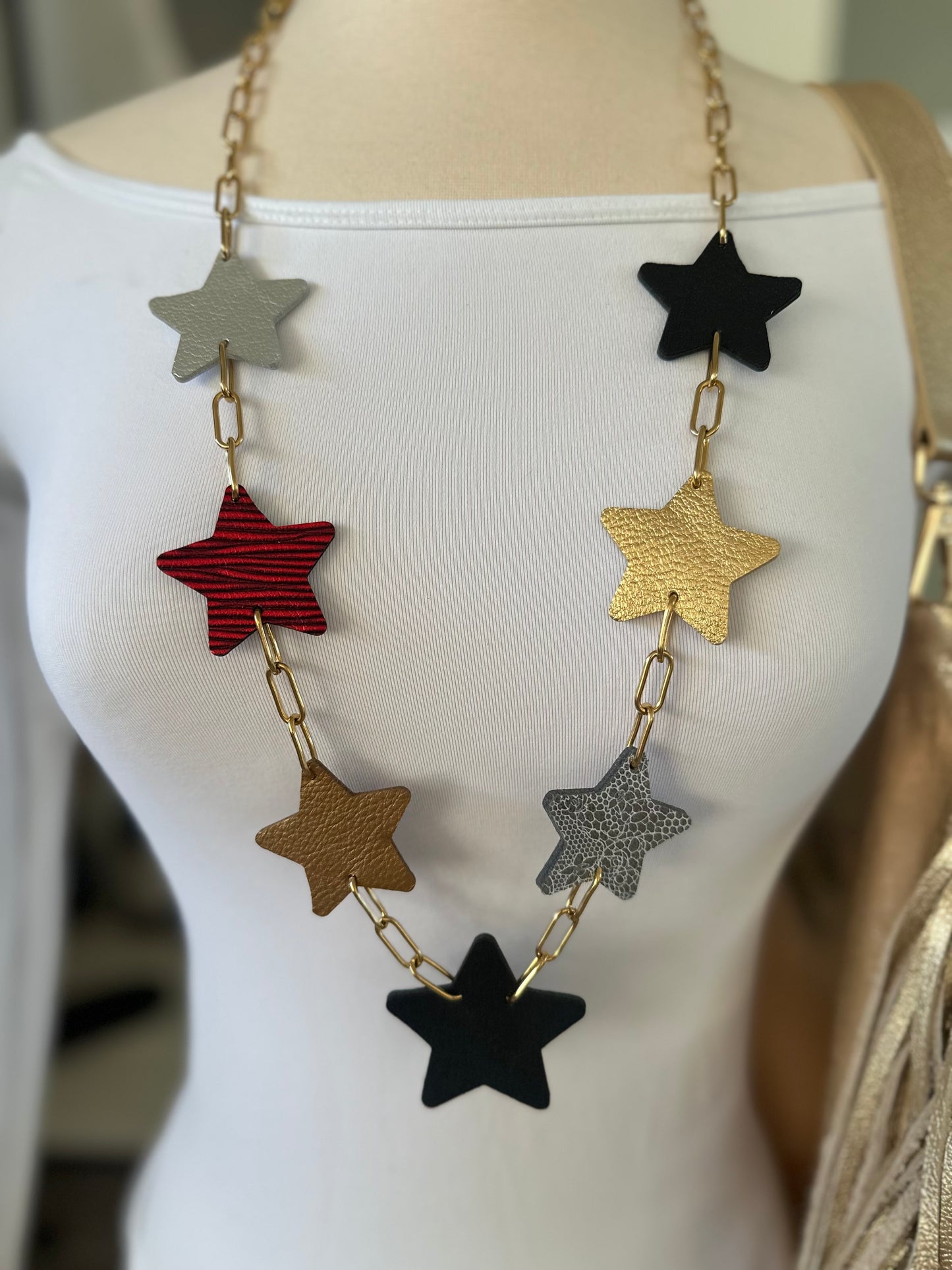 Long Leather Multi Star Necklace