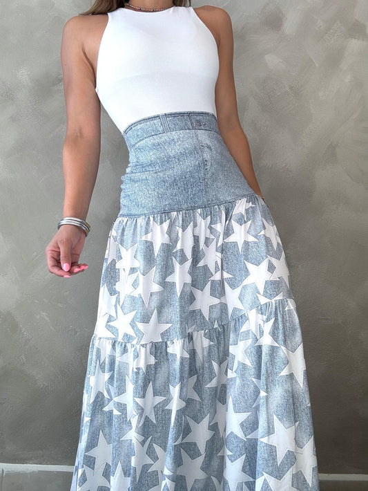 White Stars Denim Maxi Skirt