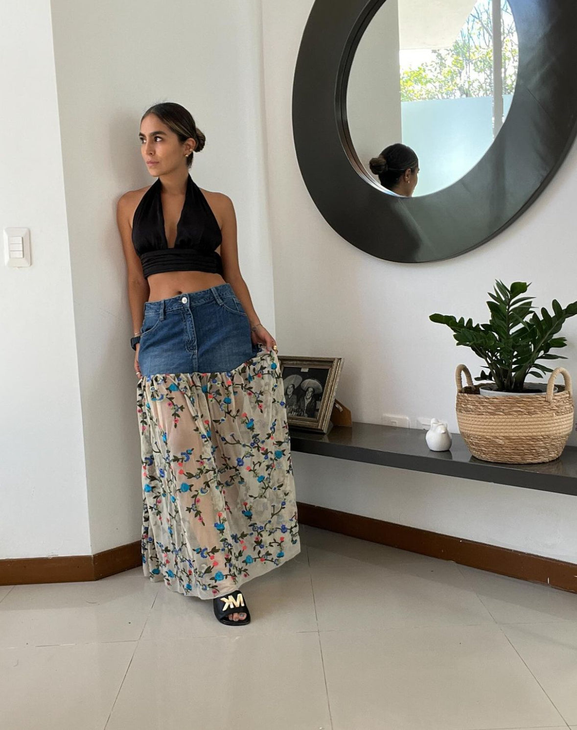 La Eche Denim Skirt- Blonda Flowers