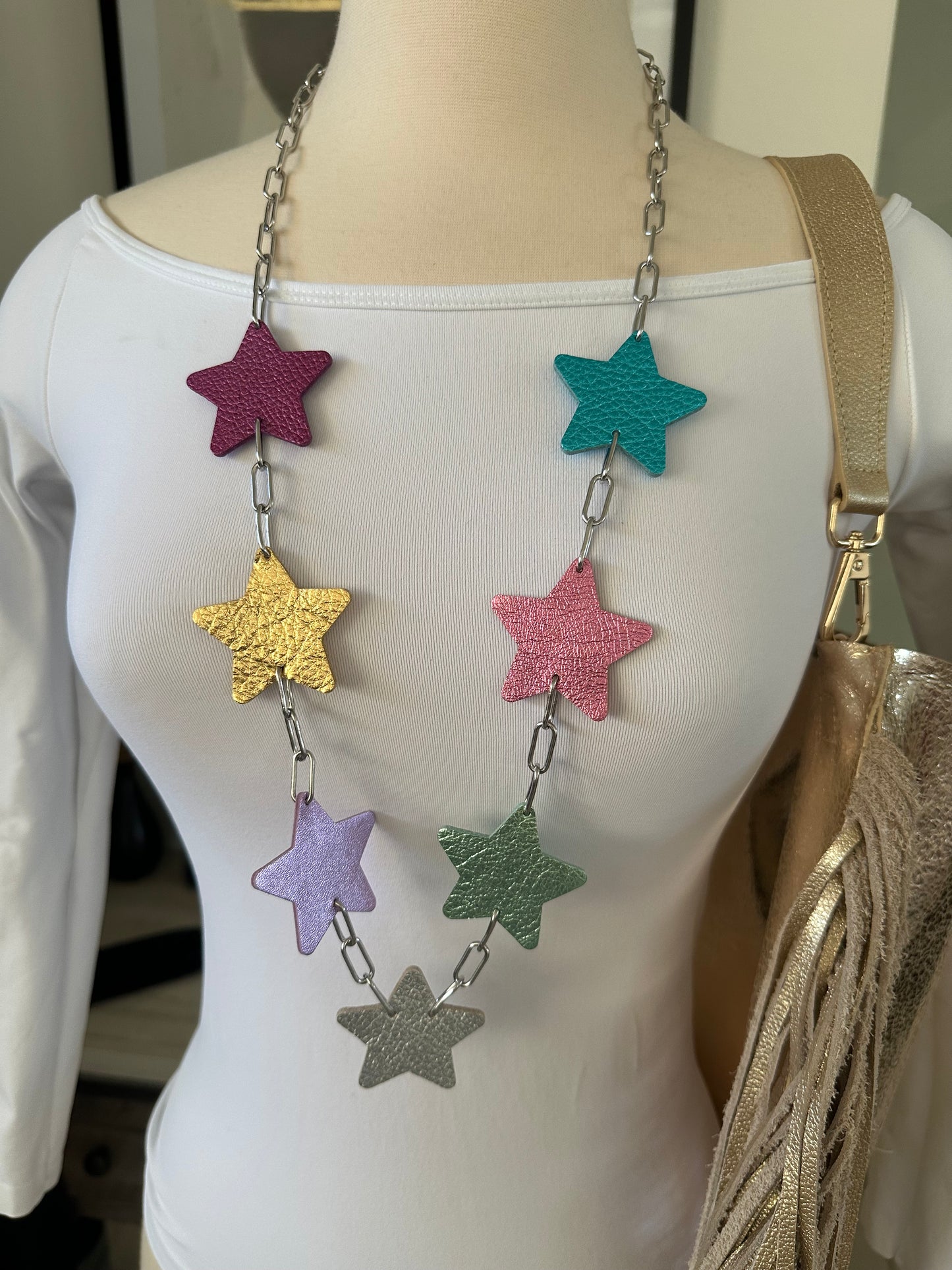 Long Leather Multi Star Necklace