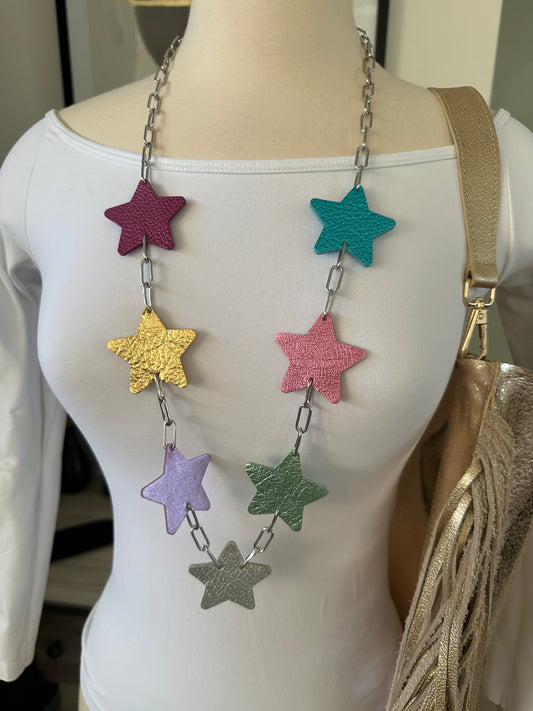 Long Leather Multi Star Necklace