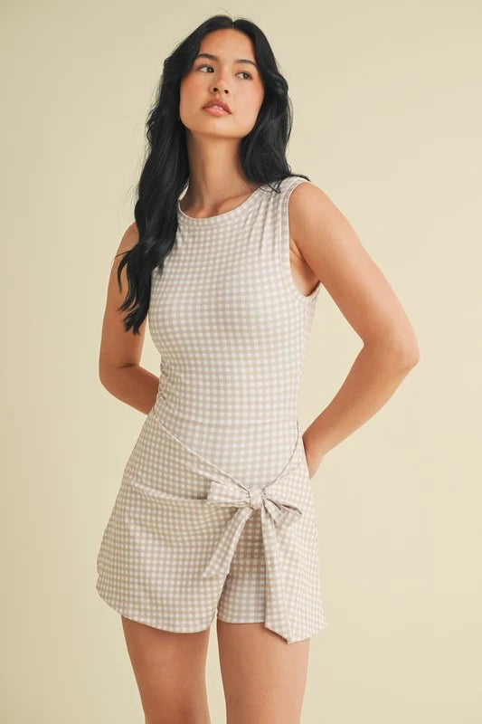 Wrap Tie Romper- Gingham Beige