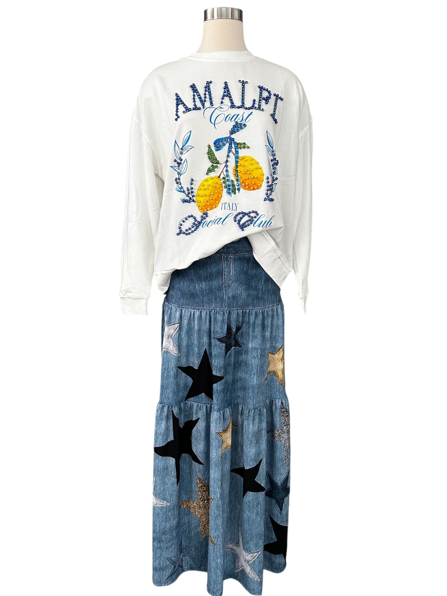 Golden Stars Maxi Denim Skirt