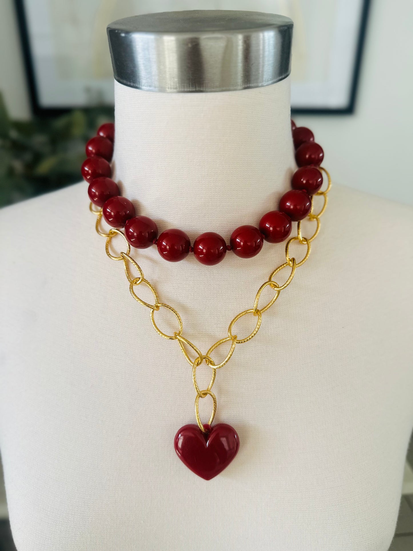 Boho Round Beaded Necklace- Burgundy