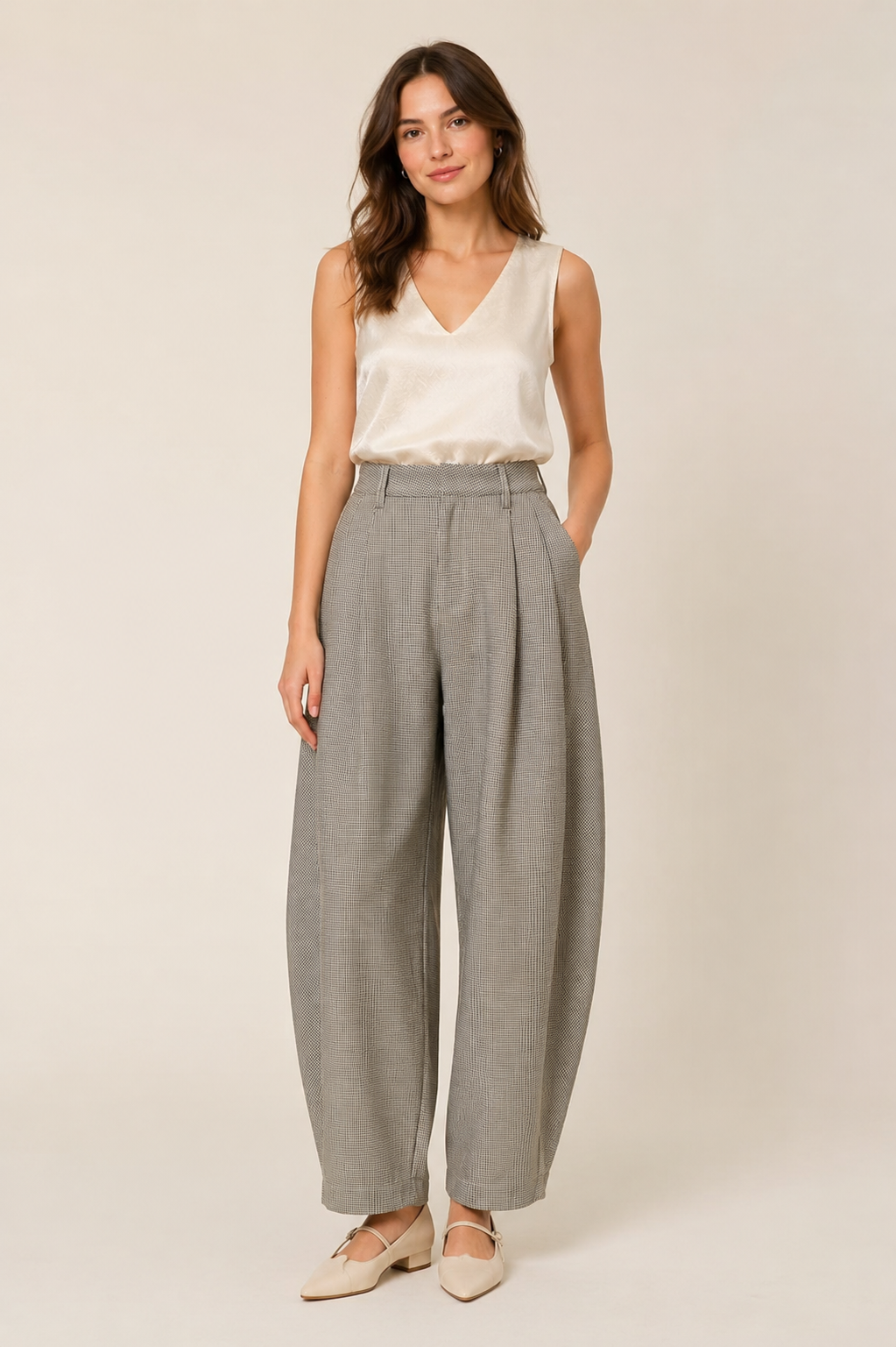 Barrel Style Trouser- Off White/Black