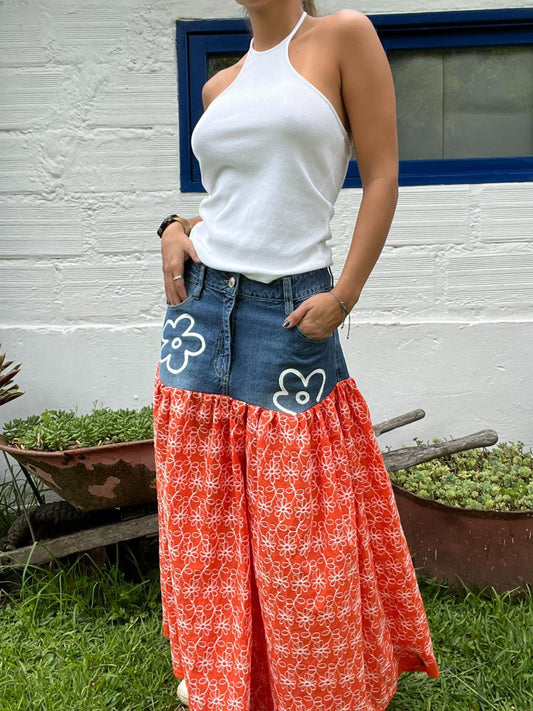 La Eche Denim Skirt- Coral Eyelet