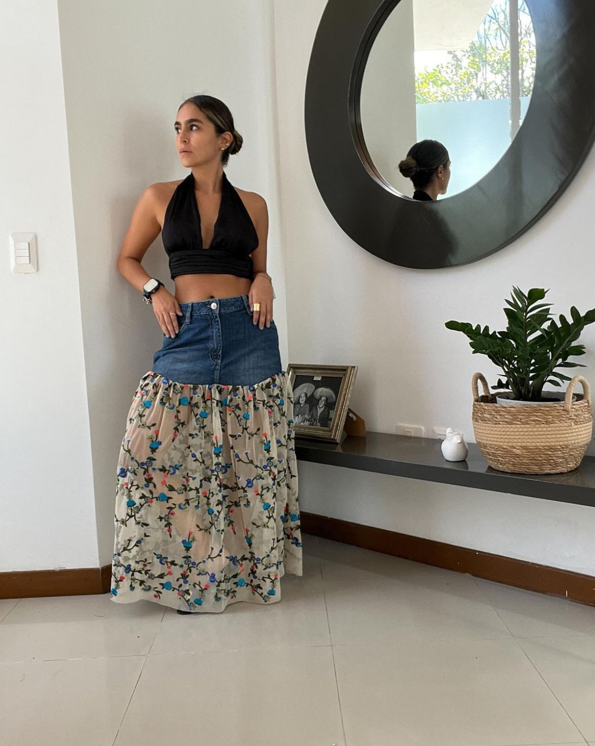 La Eche Denim Skirt- Blonda Flowers